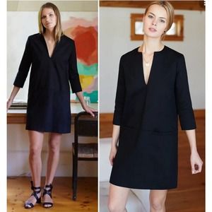 Emerson Fry sz XS Mod Dress twill cotton shift dress, black. Front Patch Pockets